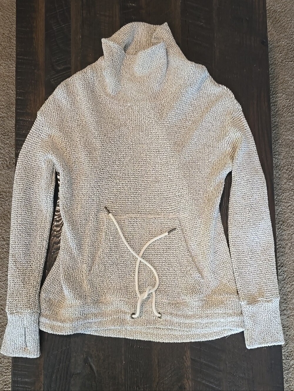 Light Cream Turtleneck Knit Pullover with Front Drawstring Pocket